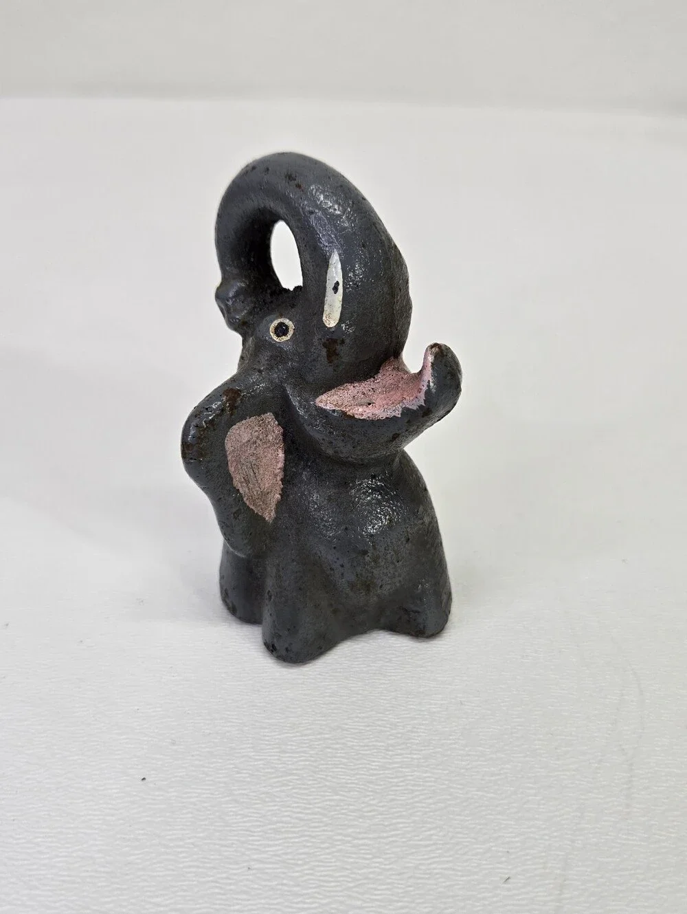 VTG Cast Iron Elephant Bottle Opener‎ Figural Paperweight Trunk Up Pink Mouth #1